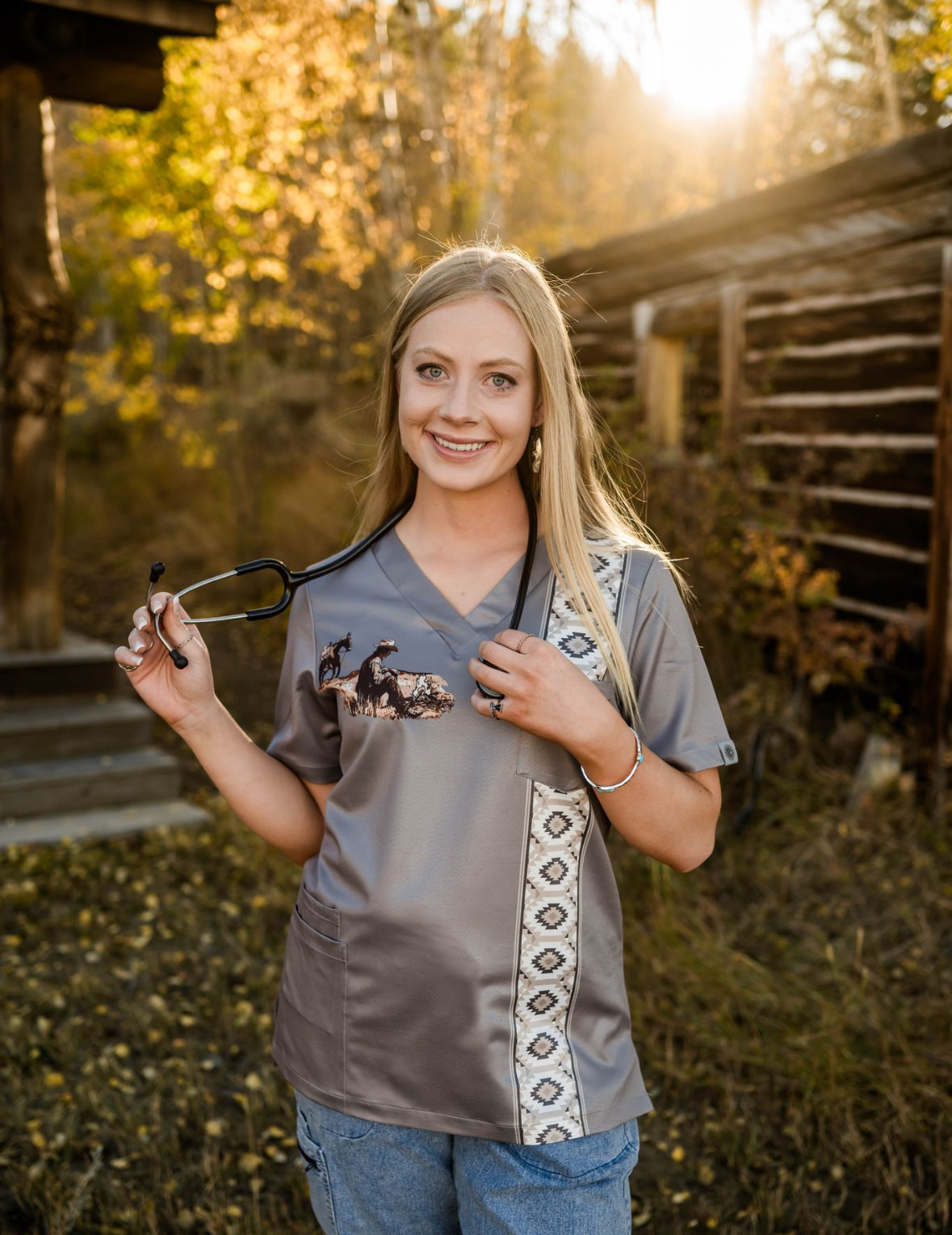 Grey Cowboy Scrub Top