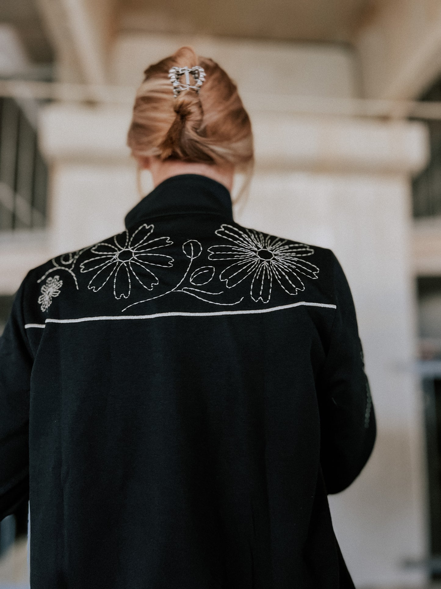 Black Floral Embroidered Zip-Up Sweatshirt