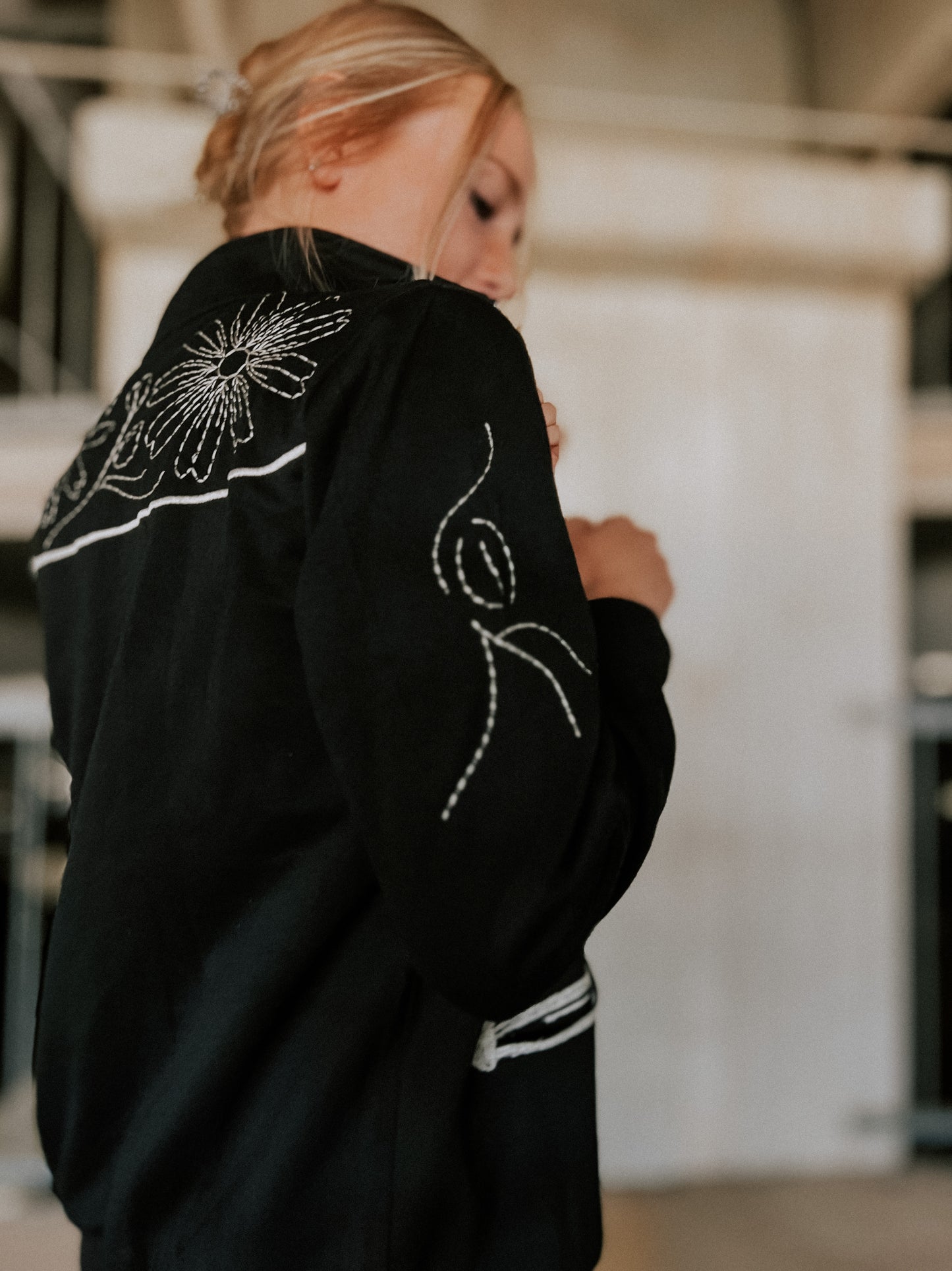 Black Floral Embroidered Zip-Up Sweatshirt